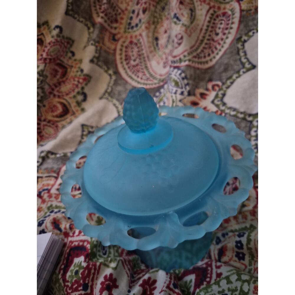 Vintage Indiana Glass Satin Frosted Blue Candy Compote Pedestal Base And...